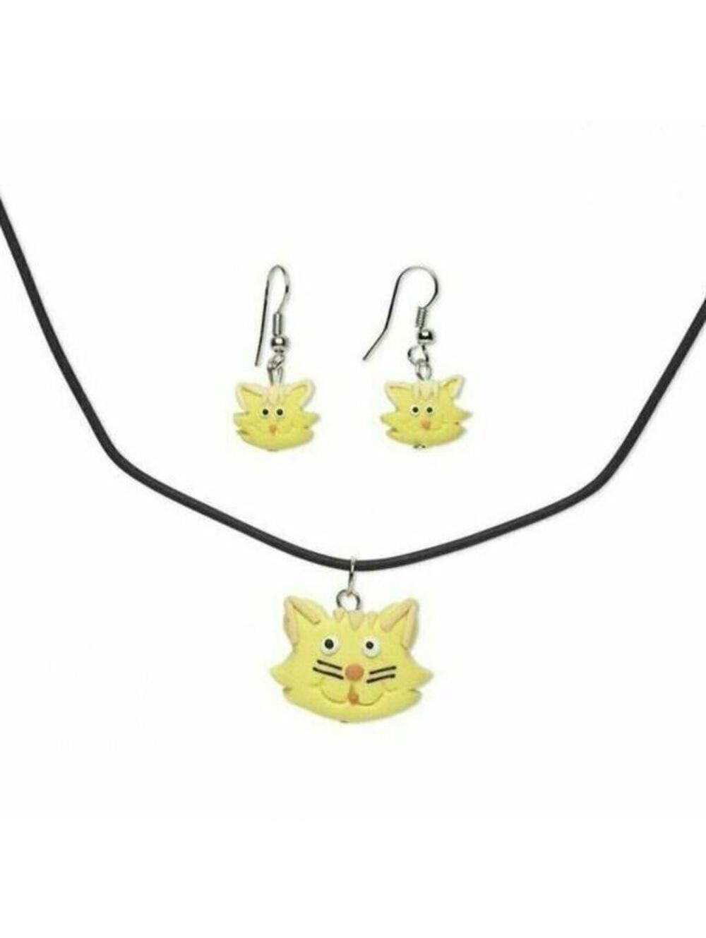 Hand Crafted Yellow Kitten Cats Fimo Polymer Clay Necklace Earrings Jewelry Set